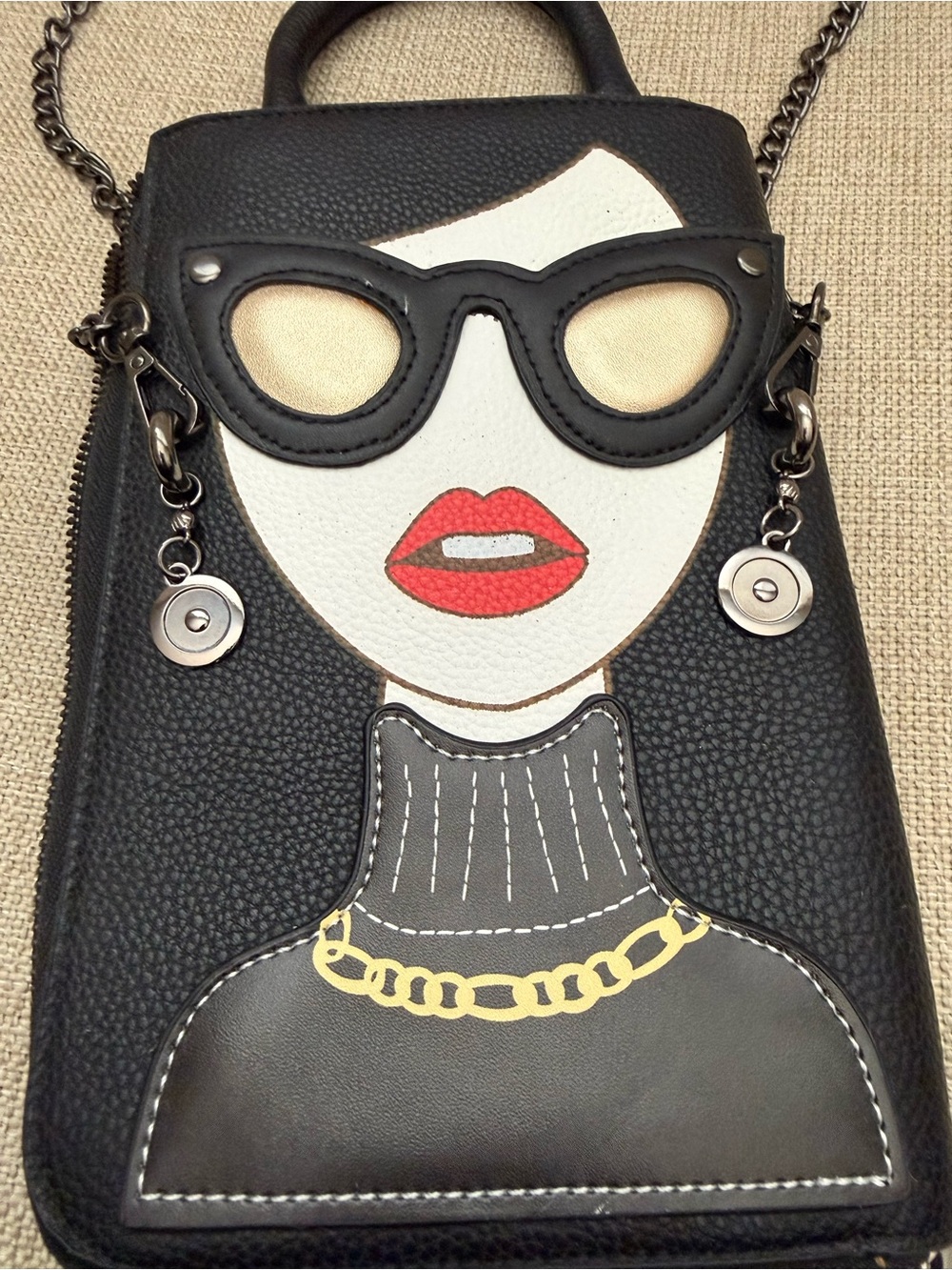 Black Novelty Crossbody Bag with Red Lip Face Appliqué - Picture 2 of 5